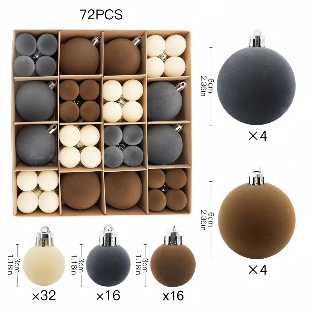 72pcs Christmas Balls Ornaments for Tree Shatterproof Flocked Christmas Ornaments for Xmas Trees Decorations Red Green Brown