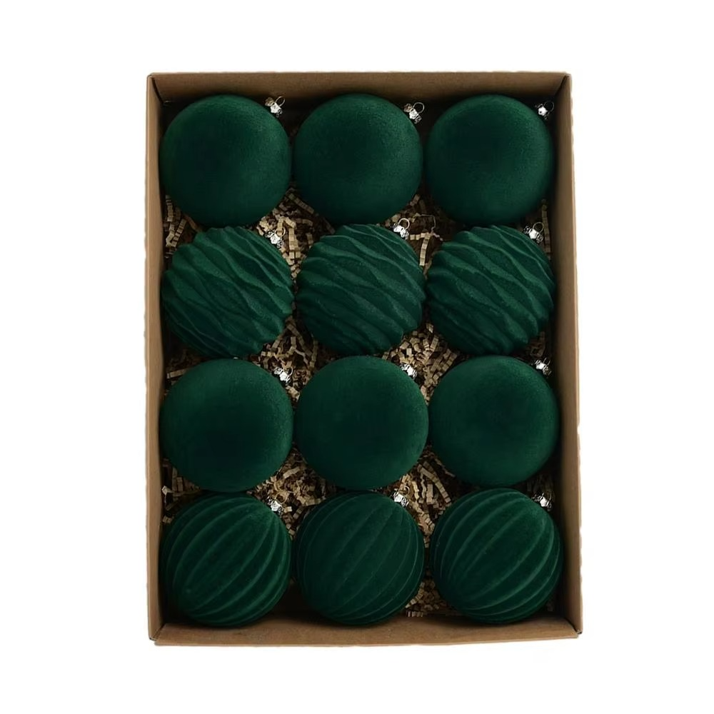 12Pcs Flocked Christmas Tree Ball Ornaments Plastic Velvet Balls Xmas Decorative Hanging Ornament Christmas Tree Decoration