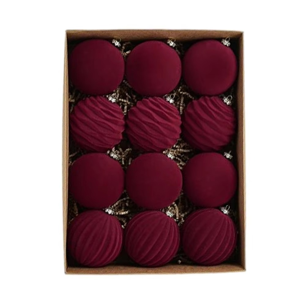 12Pcs Flocked Christmas Tree Ball Ornaments Plastic Velvet Balls Xmas Decorative Hanging Ornament Christmas Tree Decoration