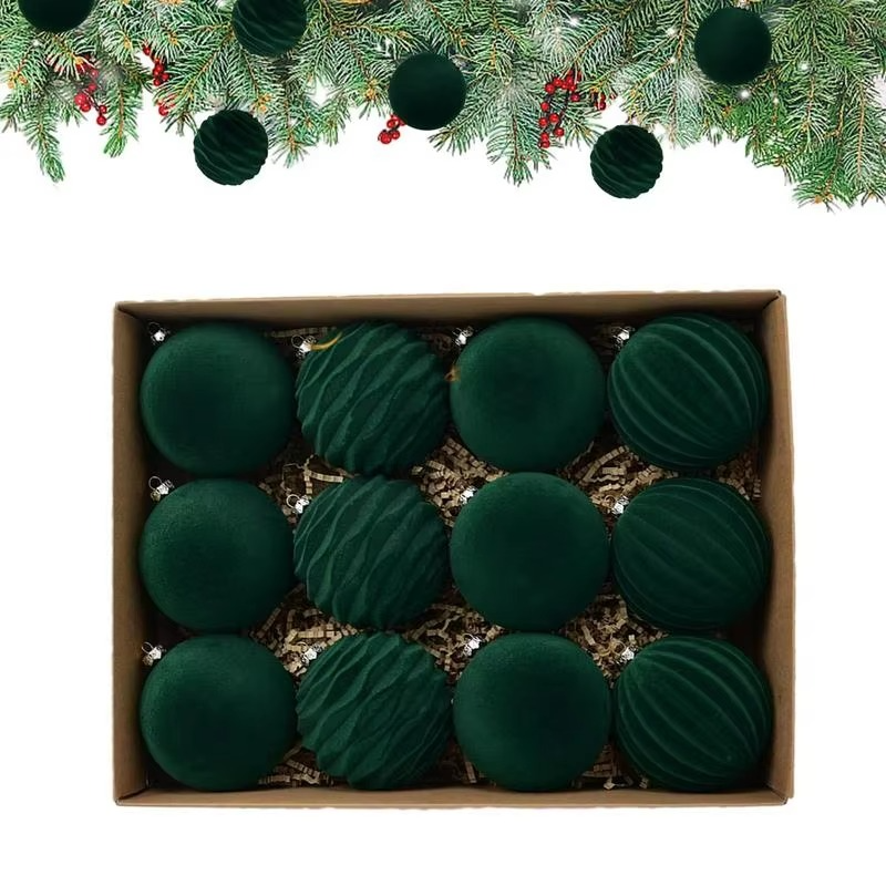 12Pcs Flocked Christmas Tree Ball Ornaments Plastic Velvet Balls Xmas Decorative Hanging Ornament Christmas Tree Decoration