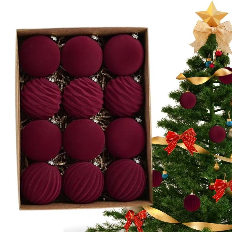 12Pcs Flocked Christmas Tree Ball Ornaments Plastic Velvet Balls Xmas Decorative Hanging Ornament Christmas Tree Decoration