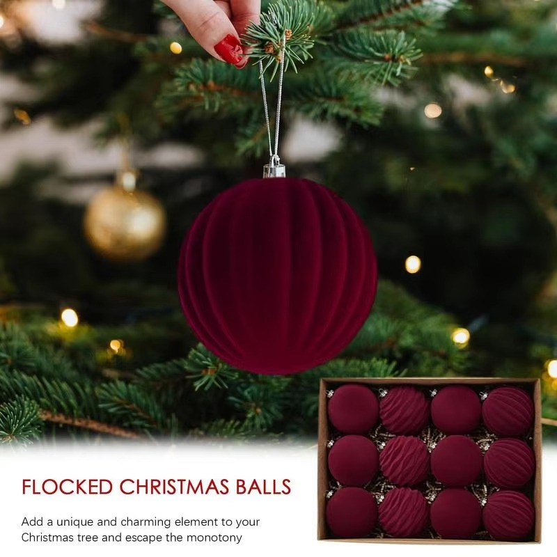 12Pcs Flocked Christmas Tree Ball Ornaments Plastic Velvet Balls Xmas Decorative Hanging Ornament Christmas Tree Decoration