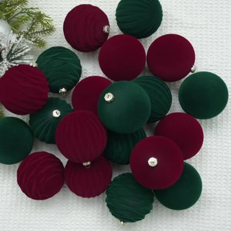 12Pcs Flocked Christmas Tree Ball Ornaments Plastic Velvet Balls Xmas Decorative Hanging Ornament Christmas Tree Decoration