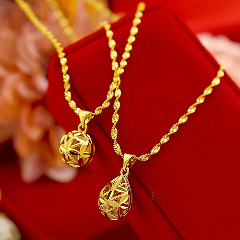 high qualityAU999 Gold Necklace Pendant Hollow Hydrangea Water Drop Pendant 24K Real Gold Double Water Wave Necklace Jewelry