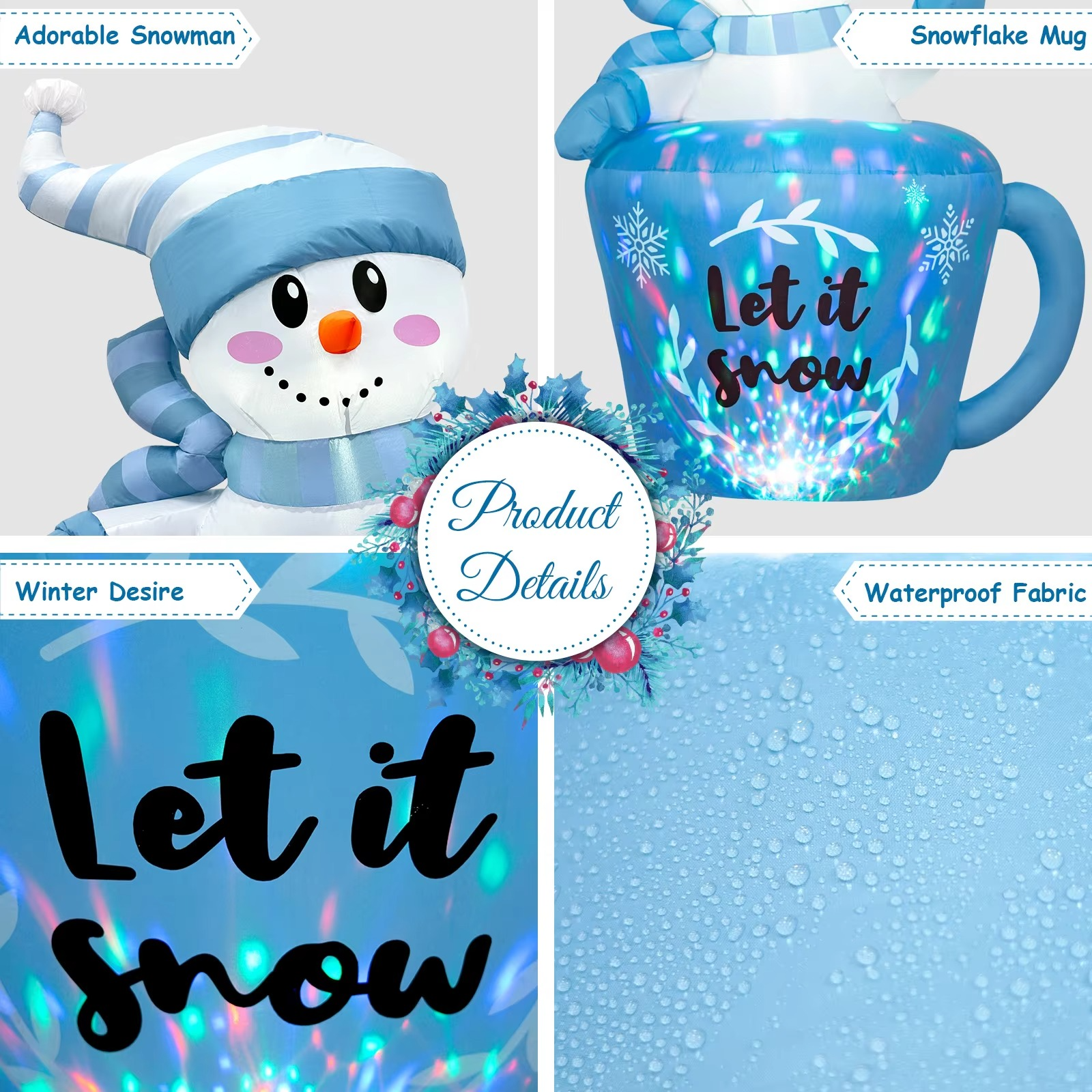OurWarm 5FT Christmas Inflatable Snowman in Mug,Adorable Blue Snowman Blow Up Awaiting the Snow,for Yard Lawn Winter Inflatables