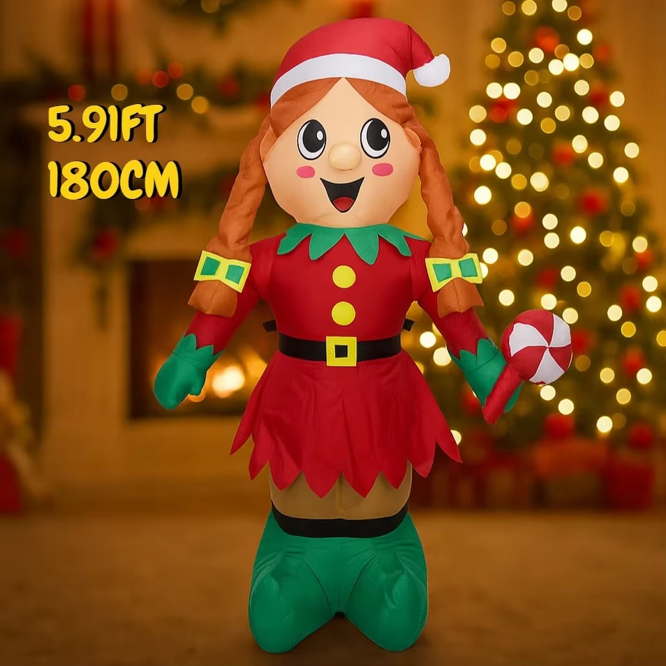 5.91FT Inflatable Toy Christmas Elf Candy Cane Festive Holiday Gift Xmas Decoration for Yard Supplie Home Decoration Ornament