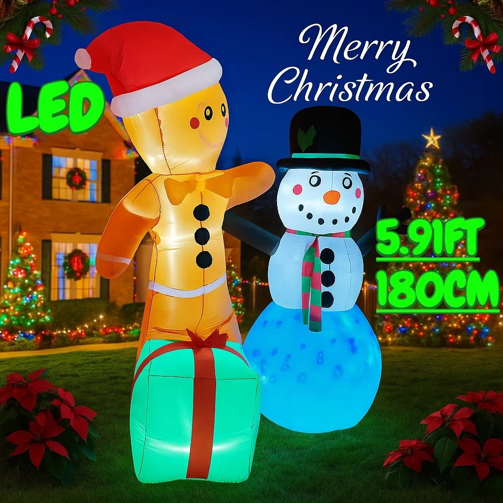 5.91FT Inflatable Toy Christmas Gingerbread Man Snowman Gift Set Xmas Yard Decoration Supplies Home Ornament Festive Gift LED
