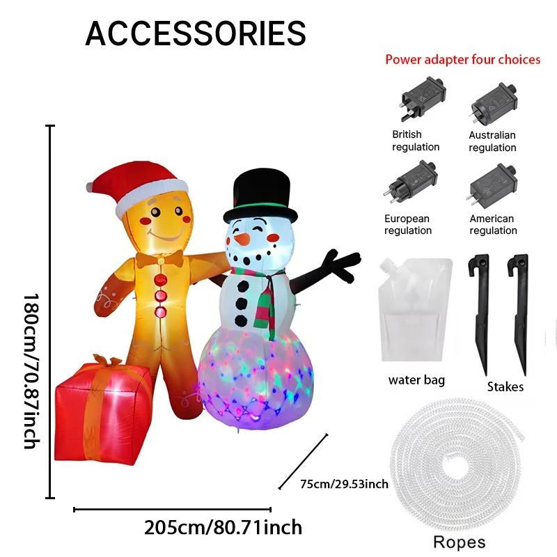 5.91FT Inflatable Toy Christmas Gingerbread Man Snowman Gift Set Xmas Yard Decoration Supplies Home Ornament Festive Gift LED