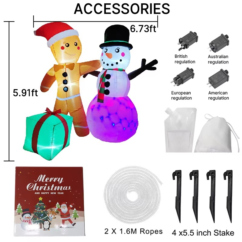 5.91FT Inflatable Toy Christmas Gingerbread Man Snowman Gift Set Xmas Yard Decoration Supplies Home Ornament Festive Gift LED