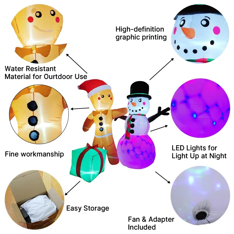 5.91FT Inflatable Toy Christmas Gingerbread Man Snowman Gift Set Xmas Yard Decoration Supplies Home Ornament Festive Gift LED