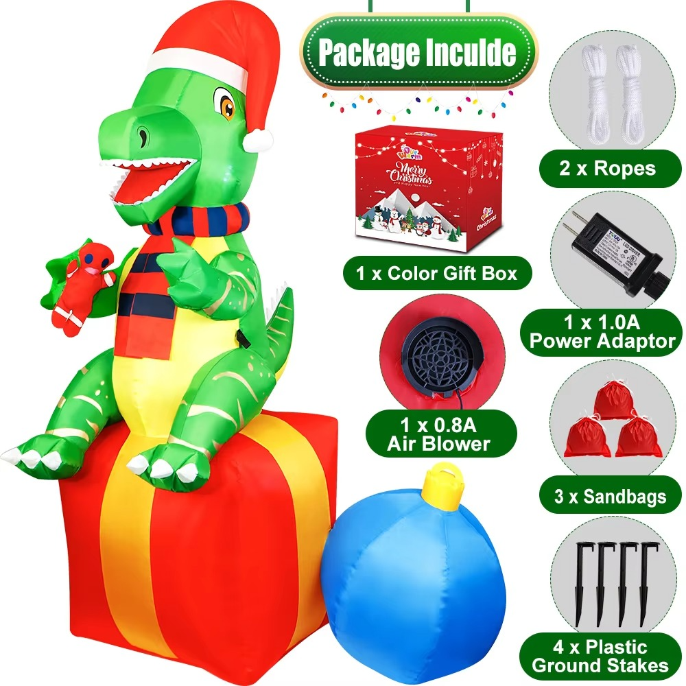 6FT Dinosaur Christmas Inflatables Outdoor Decorations Xmas Blow Up Yard Decorations foXmas Indoor Outdoor Garden Lawn Decor