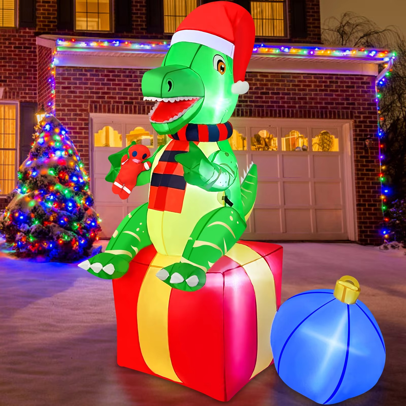 6FT Dinosaur Christmas Inflatables Outdoor Decorations Xmas Blow Up Yard Decorations foXmas Indoor Outdoor Garden Lawn Decor