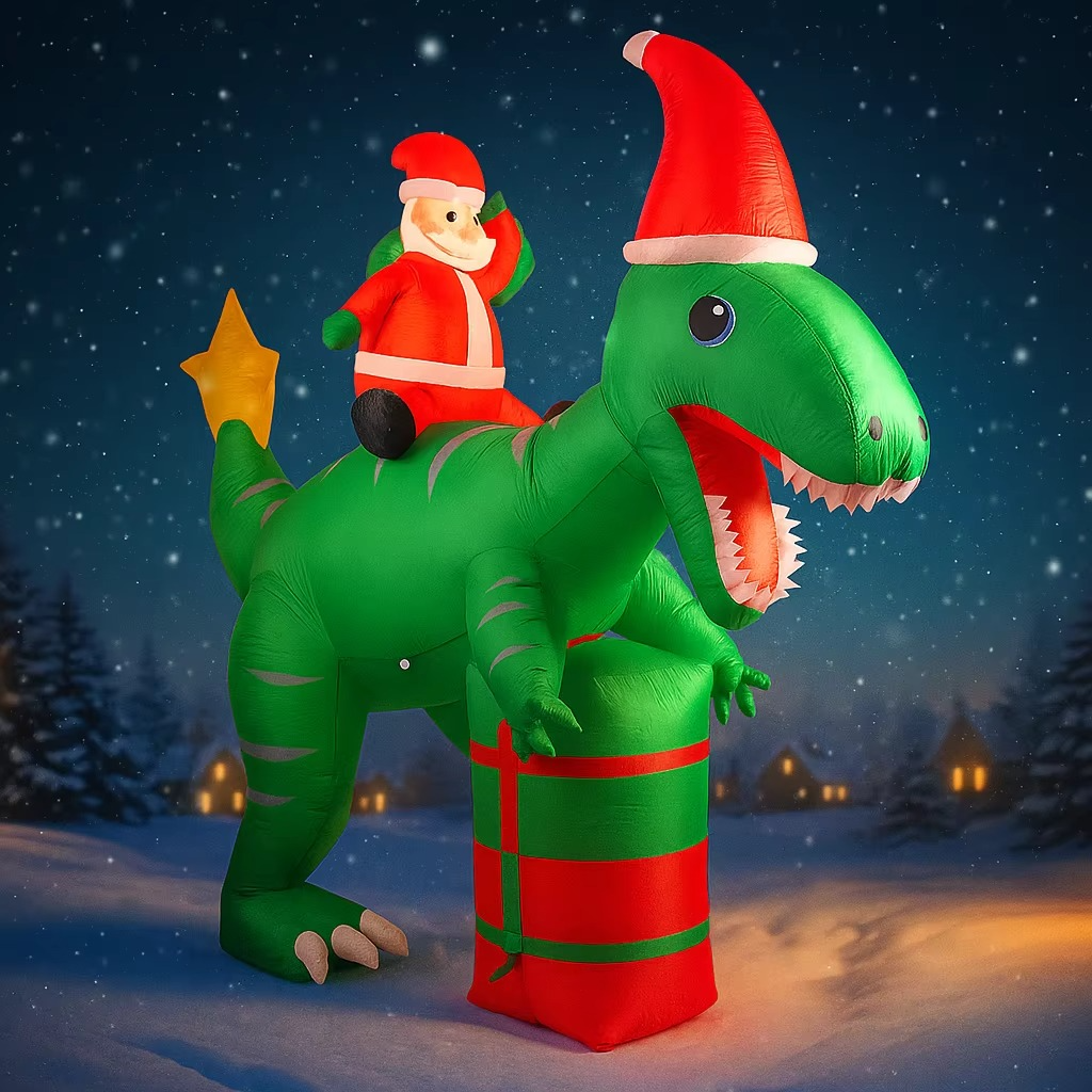 7.87FT Christmas Holiday Inflatable Yard Decor Santa Riding Dinosaur Xmas LED Lit Toy Festive Home Decor Ornaments Supplies Gift