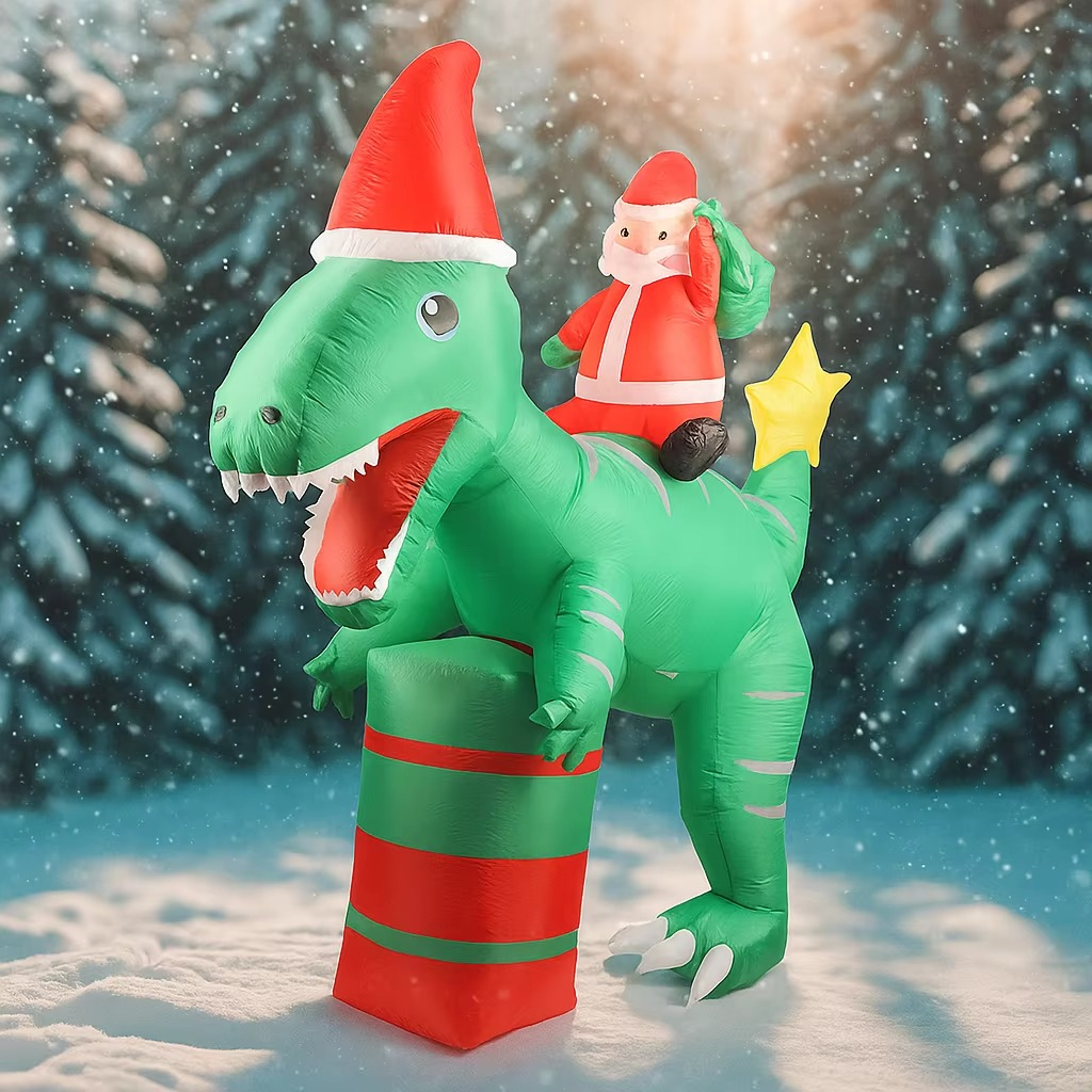 7.87FT Christmas Holiday Inflatable Yard Decor Santa Riding Dinosaur Xmas LED Lit Toy Festive Home Decor Ornaments Supplies Gift