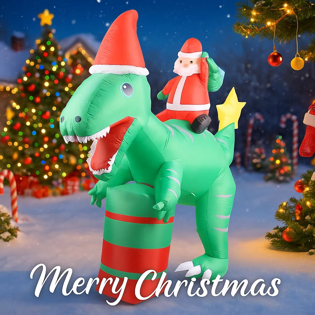 7.87FT Christmas Holiday Inflatable Yard Decor Santa Riding Dinosaur Xmas LED Lit Toy Festive Home Decor Ornaments Supplies Gift