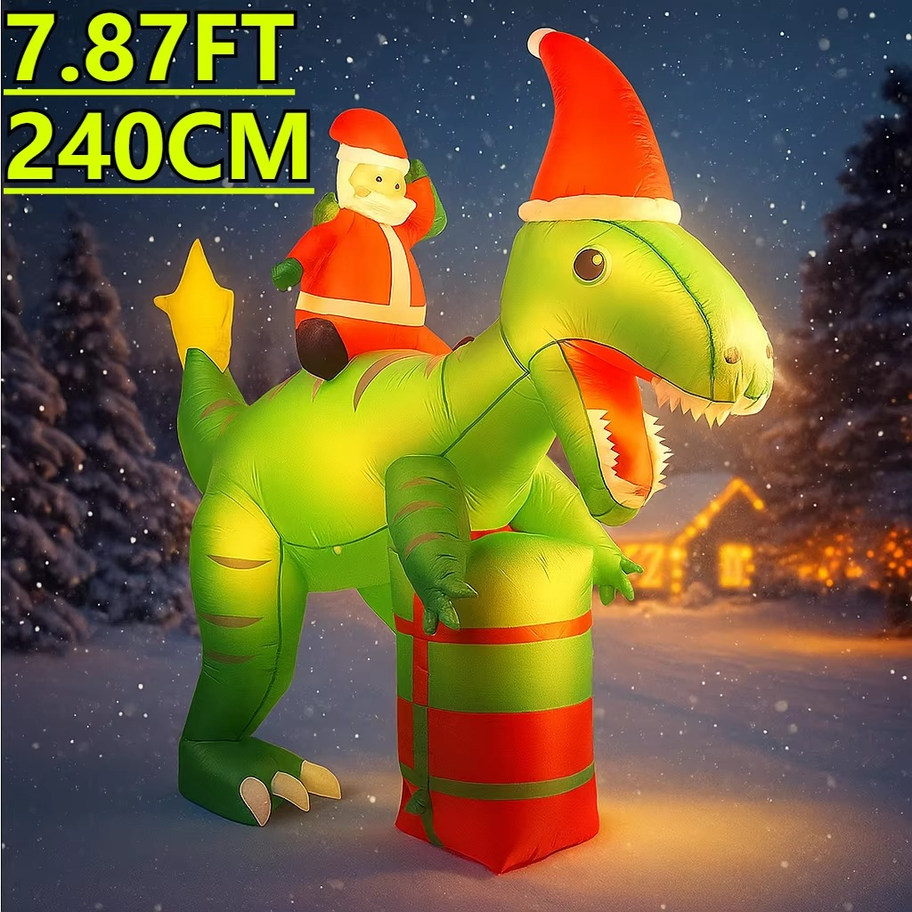 7.87FT Christmas Holiday Inflatable Yard Decor Santa Riding Dinosaur Xmas LED Lit Toy Festive Home Decor Ornaments Supplies Gift