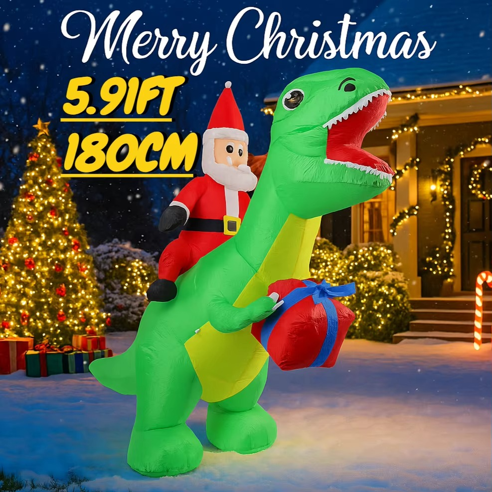 5.91FT Inflatable Santa Claus Dinosaur Toy With LED Light Xmas Yard Lawn Party Decoration Christmas Home Supplie Ornament Gift
