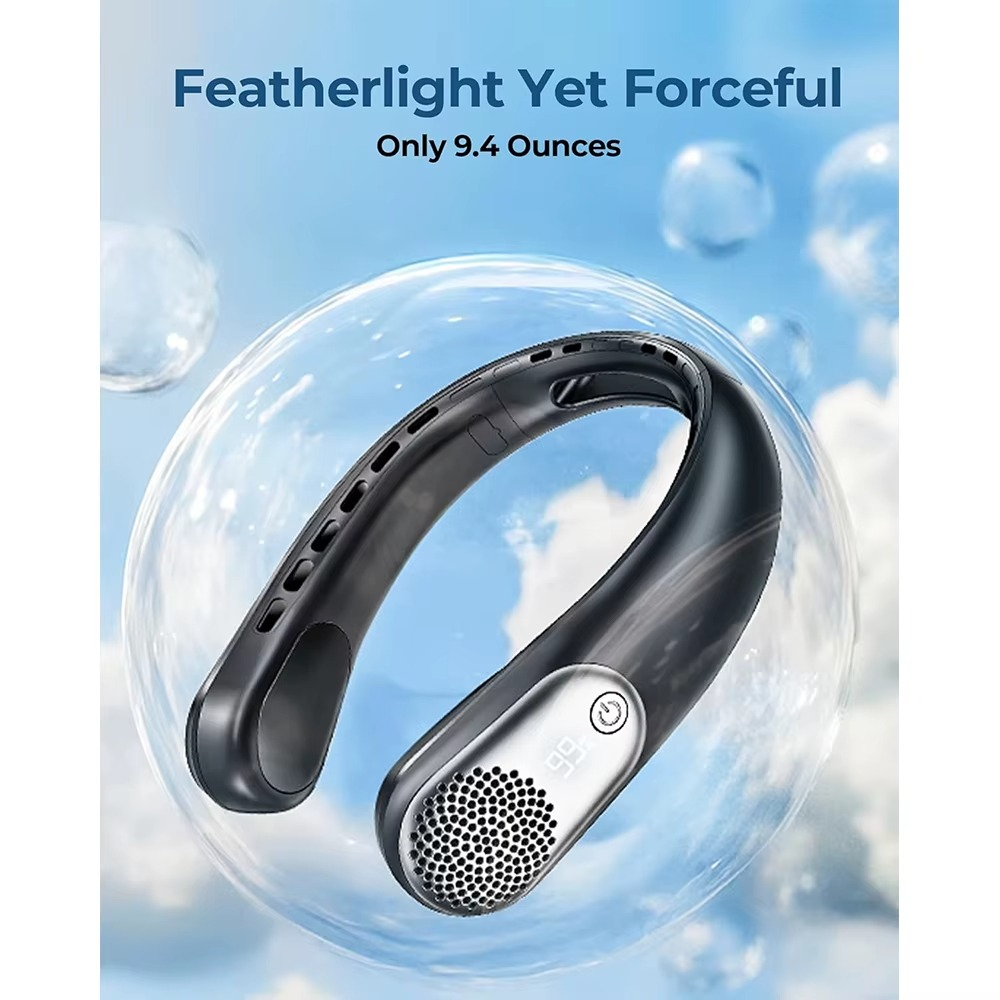 Neck Fan LED Display USB Rechargeable Portable Fan 360° Cooling Bladeless Personal Fan 4000 mAh 3 Speeds Adjustable Wearable Fan