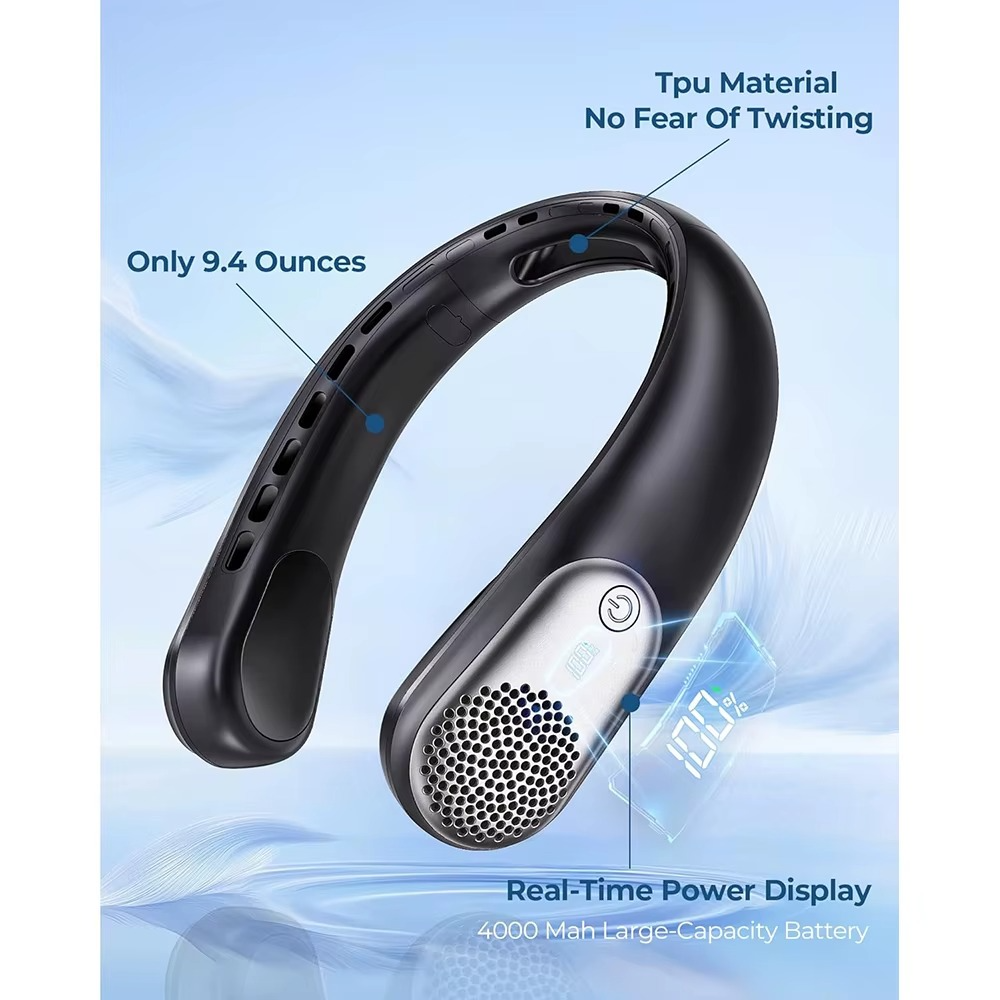 Neck Fan LED Display USB Rechargeable Portable Fan 360° Cooling Bladeless Personal Fan 4000 mAh 3 Speeds Adjustable Wearable Fan