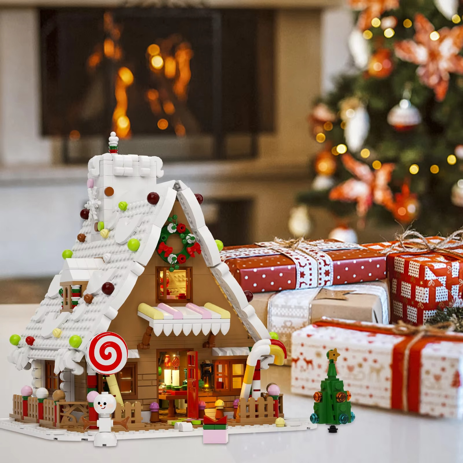 BuildMoc New Year Winter Christmas Gingerbread House Building Block Set Snow Snowman Hut With Light Brick Toy Children Xmas Gift