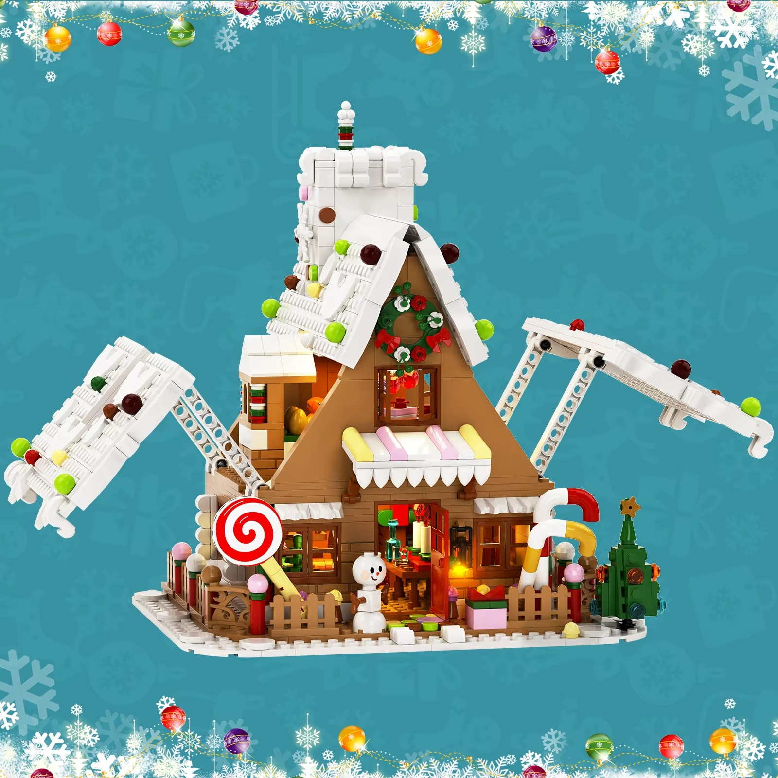 BuildMoc New Year Winter Christmas Gingerbread House Building Block Set Snow Snowman Hut With Light Brick Toy Children Xmas Gift