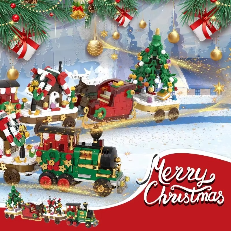Winter Village Christmas Holiday Train Candy House Christmas Tree Model Building Blocks Bricks Kids Toys Christmas Gift
