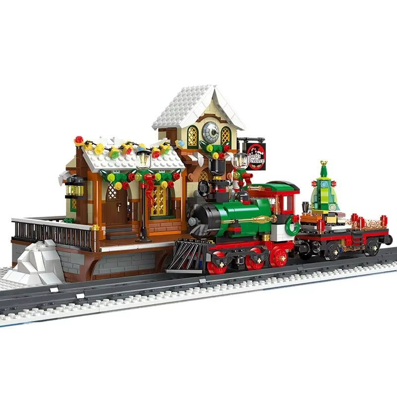 1362PCS Winter Train Station Building Blocks With Light Railway Bricks Model Toys Ornament Christmas Gifts For Adult Children