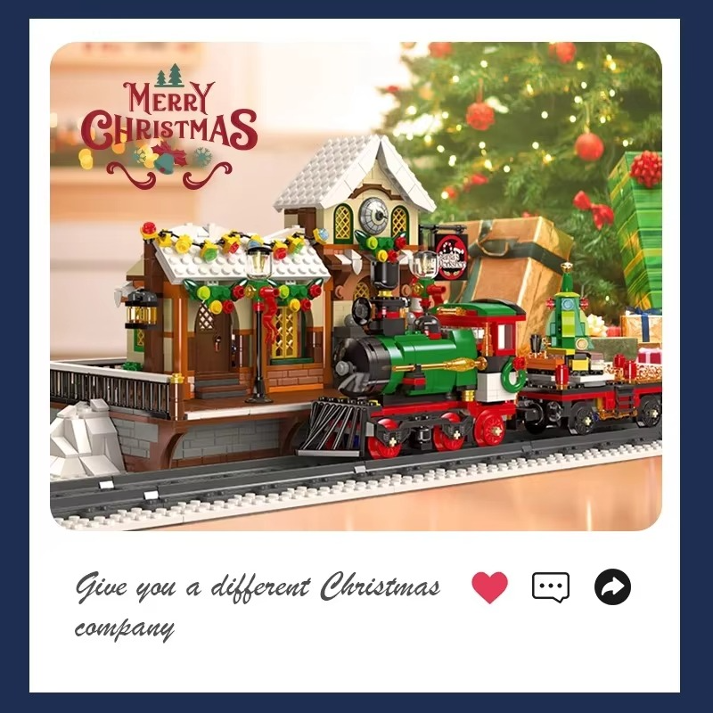 1362PCS Winter Train Station Building Blocks With Light Railway Bricks Model Toys Ornament Christmas Gifts For Adult Children
