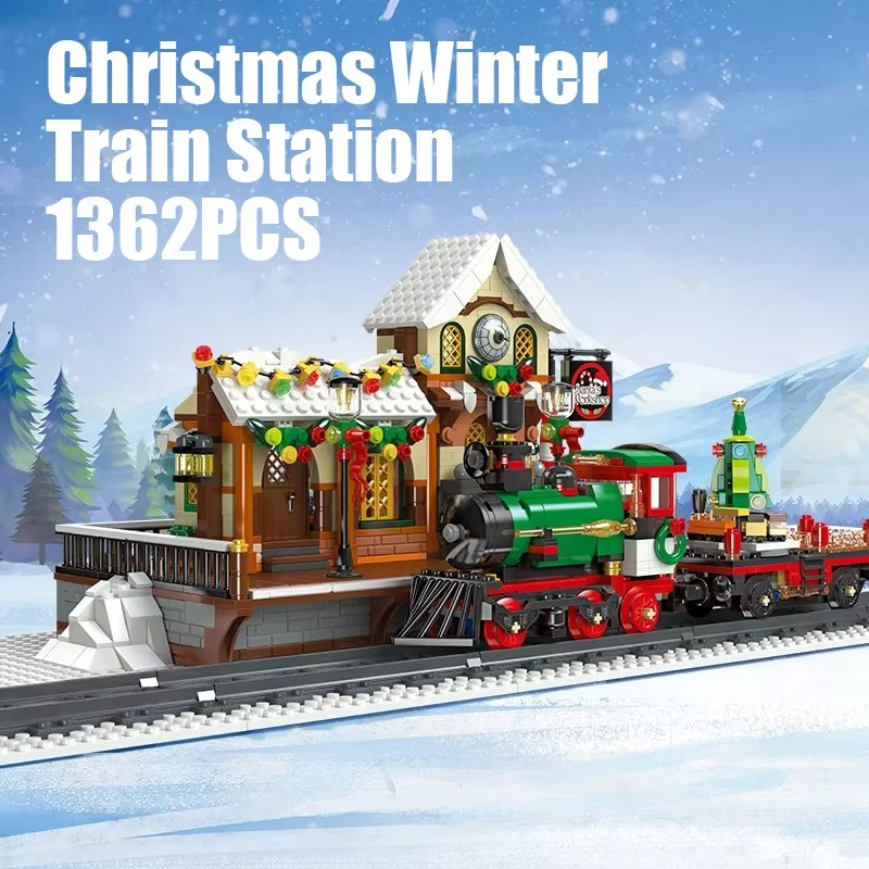 1362PCS Winter Train Station Building Blocks With Light Railway Bricks Model Toys Ornament Christmas Gifts For Adult Children