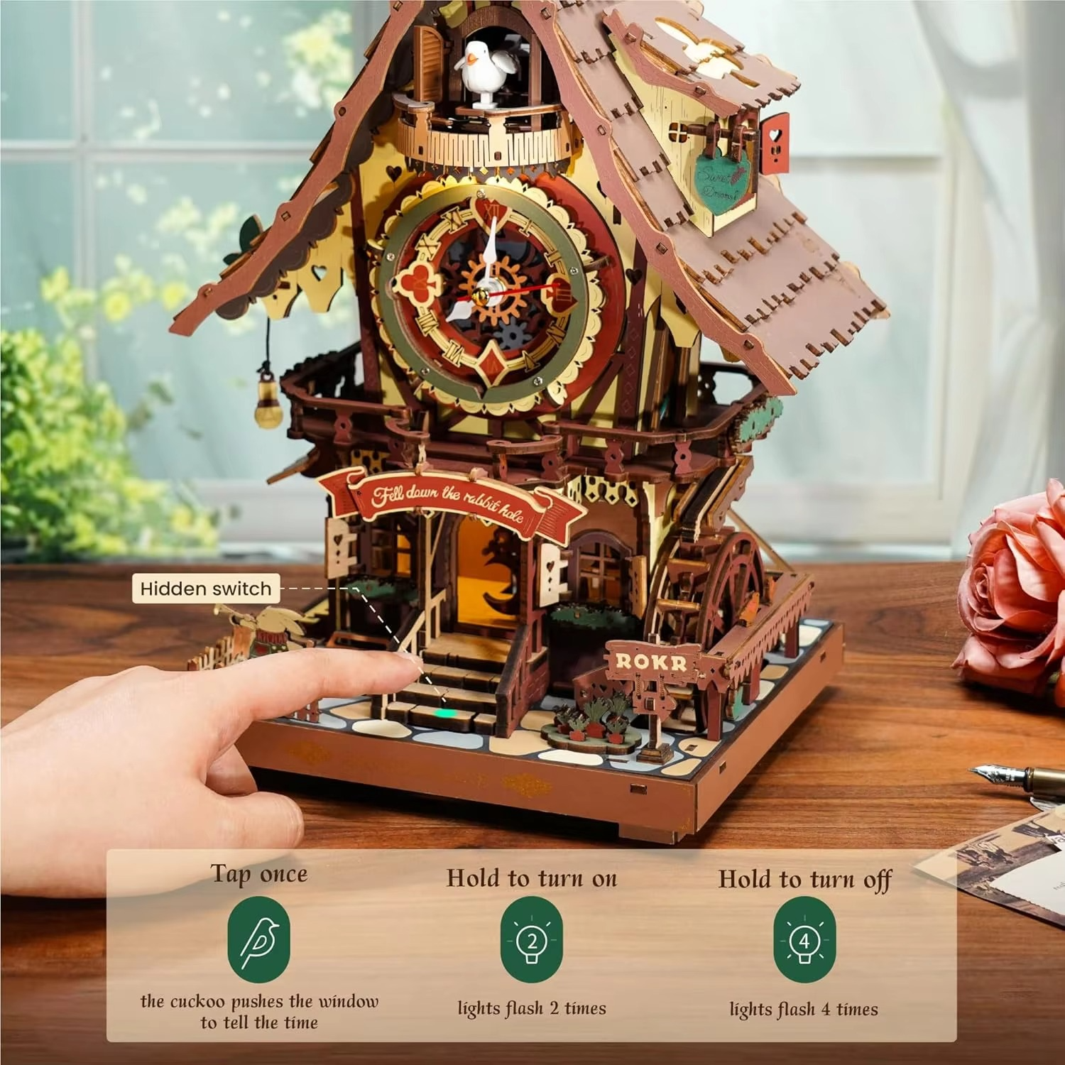Robotime Rokr 3D Wooden Puzzle Cuckoo Clock Kit Black Forest Style with Working Bird DIY Clock Model Kit for Kids Adults Model