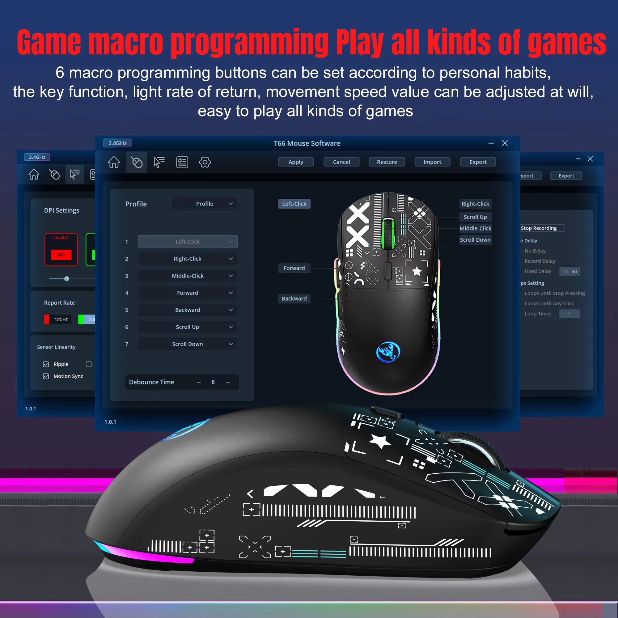 T90 Wireless Bluetooth Mouse RGB (BT1/BT2+ USB) 2.4GHz Rechargeable Silent Bluetooth Wireless Mouse with Type C Adapter