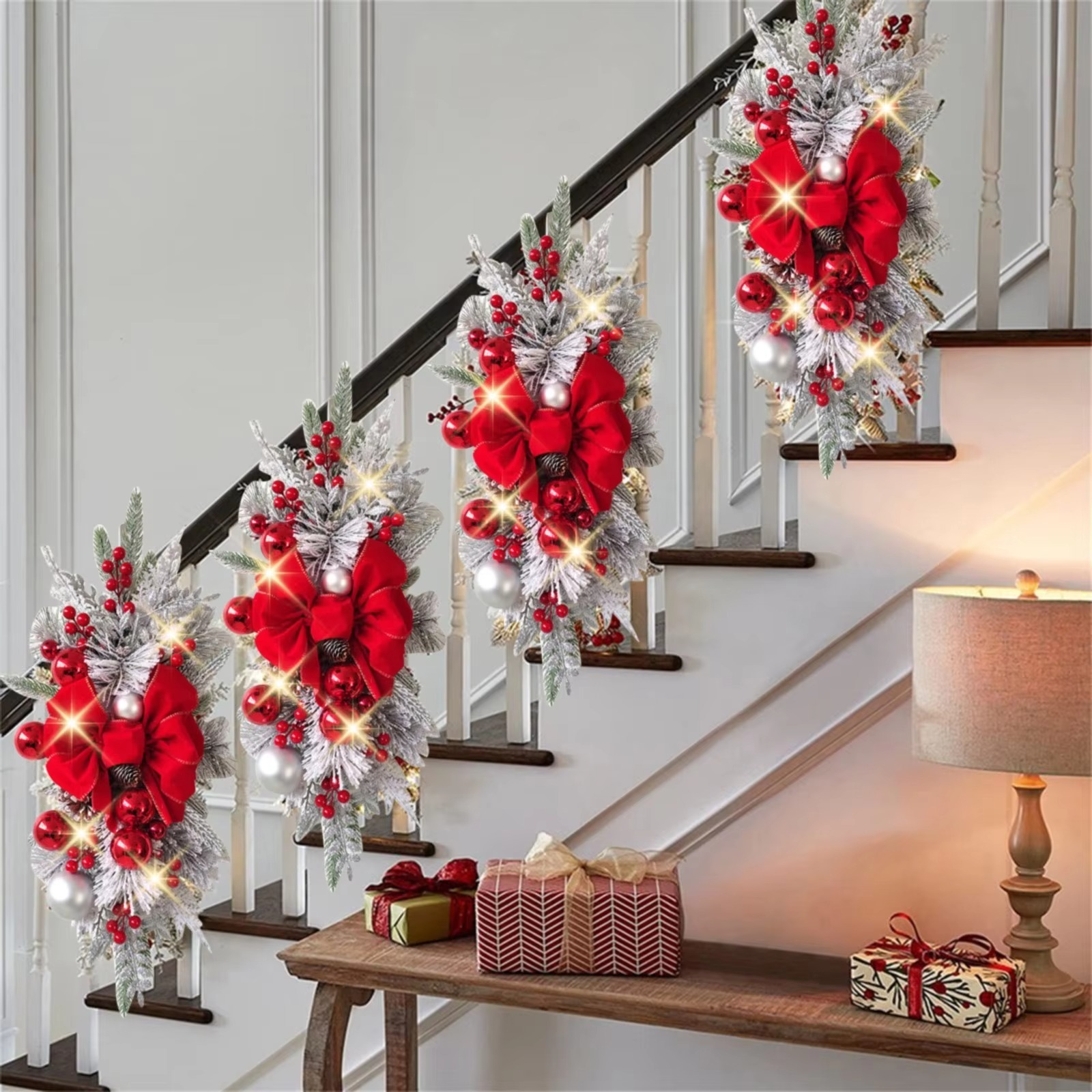 Christmas Wreath Pendants Stairway Hanging Stairs Garland Xmas Decor Window Front Door Wall Wreath for Navida Pine/Bow Pendant