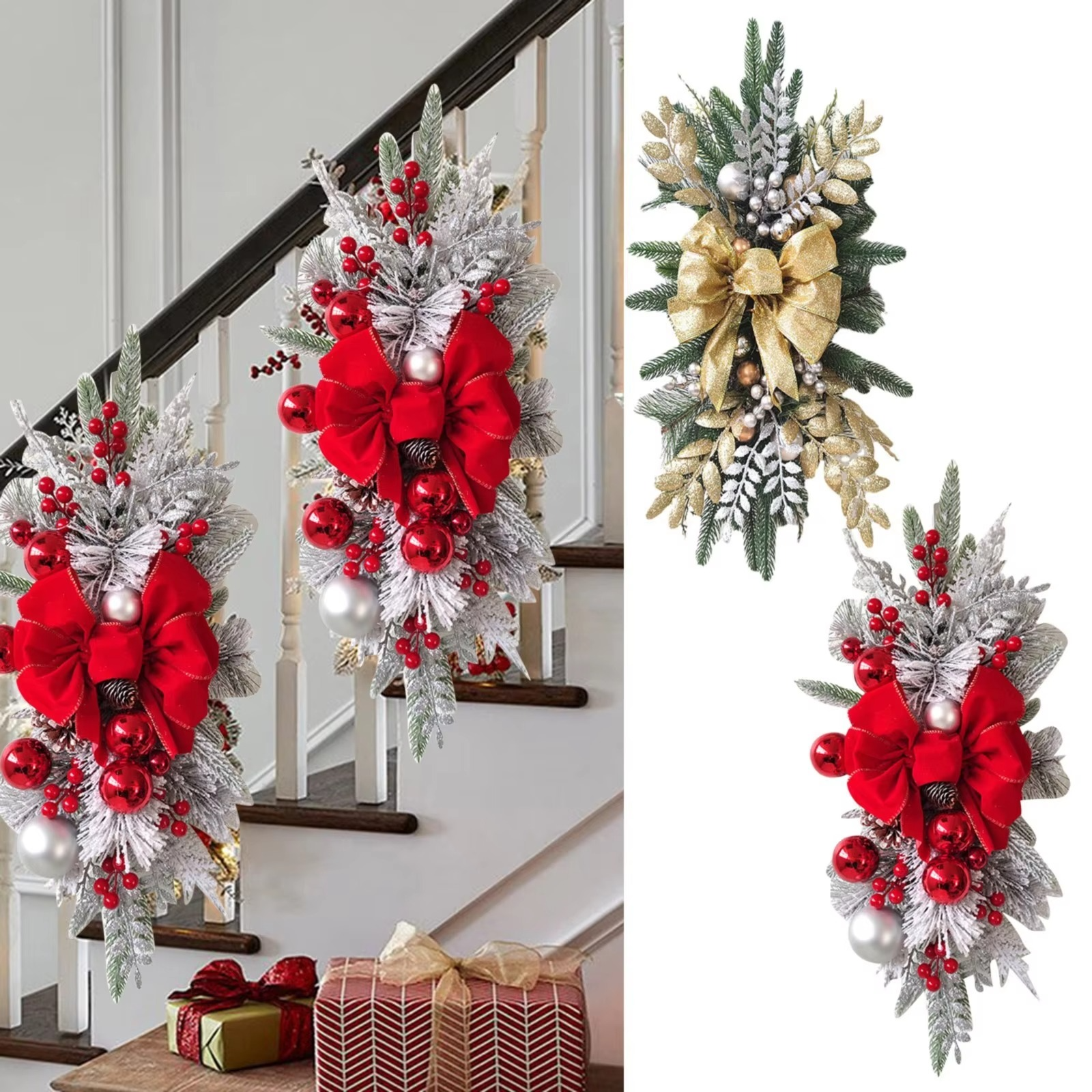 Christmas Wreath Pendants Stairway Hanging Stairs Garland Xmas Decor Window Front Door Wall Wreath for Navida Pine/Bow Pendant