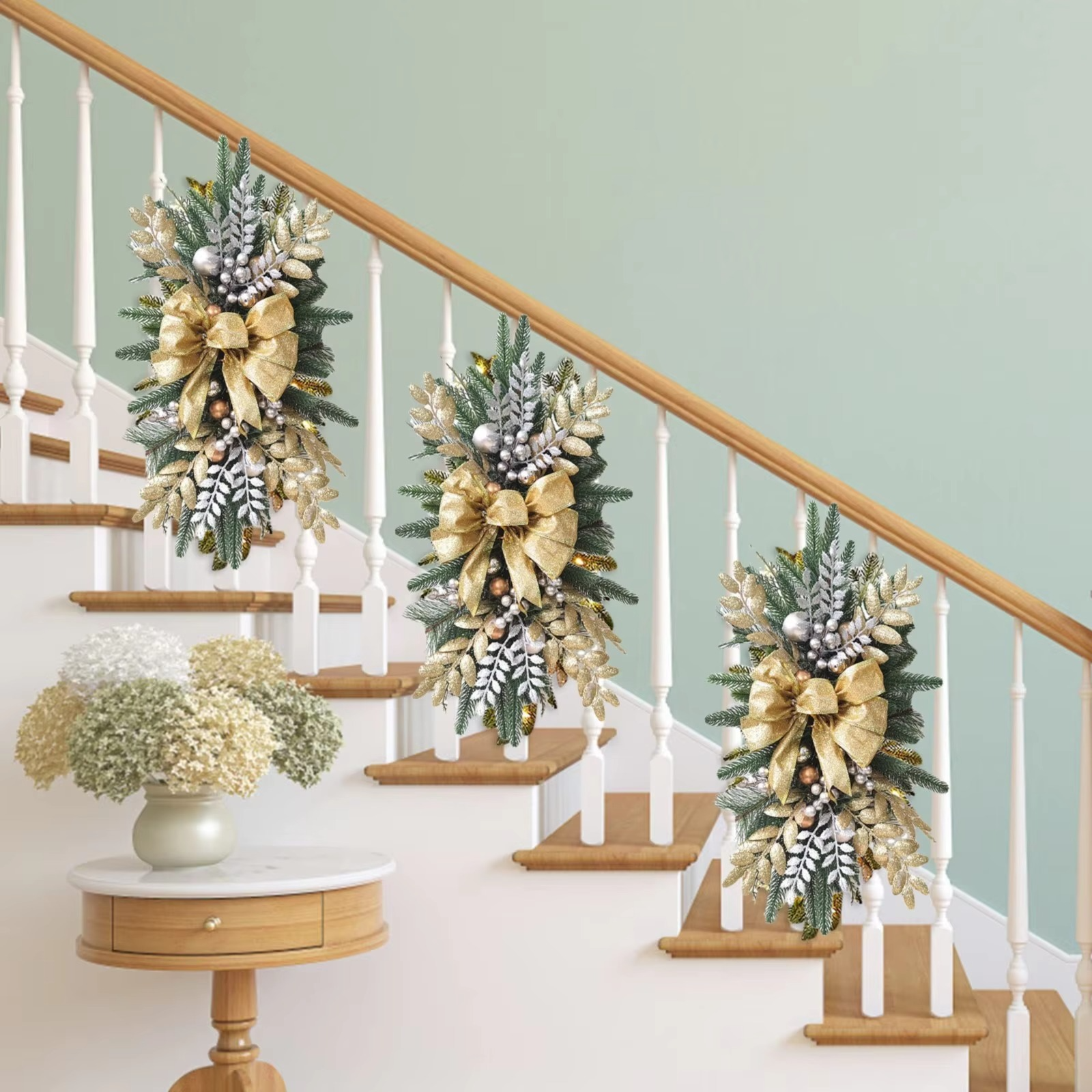 Christmas Wreath Pendants Stairway Hanging Stairs Garland Xmas Decor Window Front Door Wall Wreath for Navida Pine/Bow Pendant