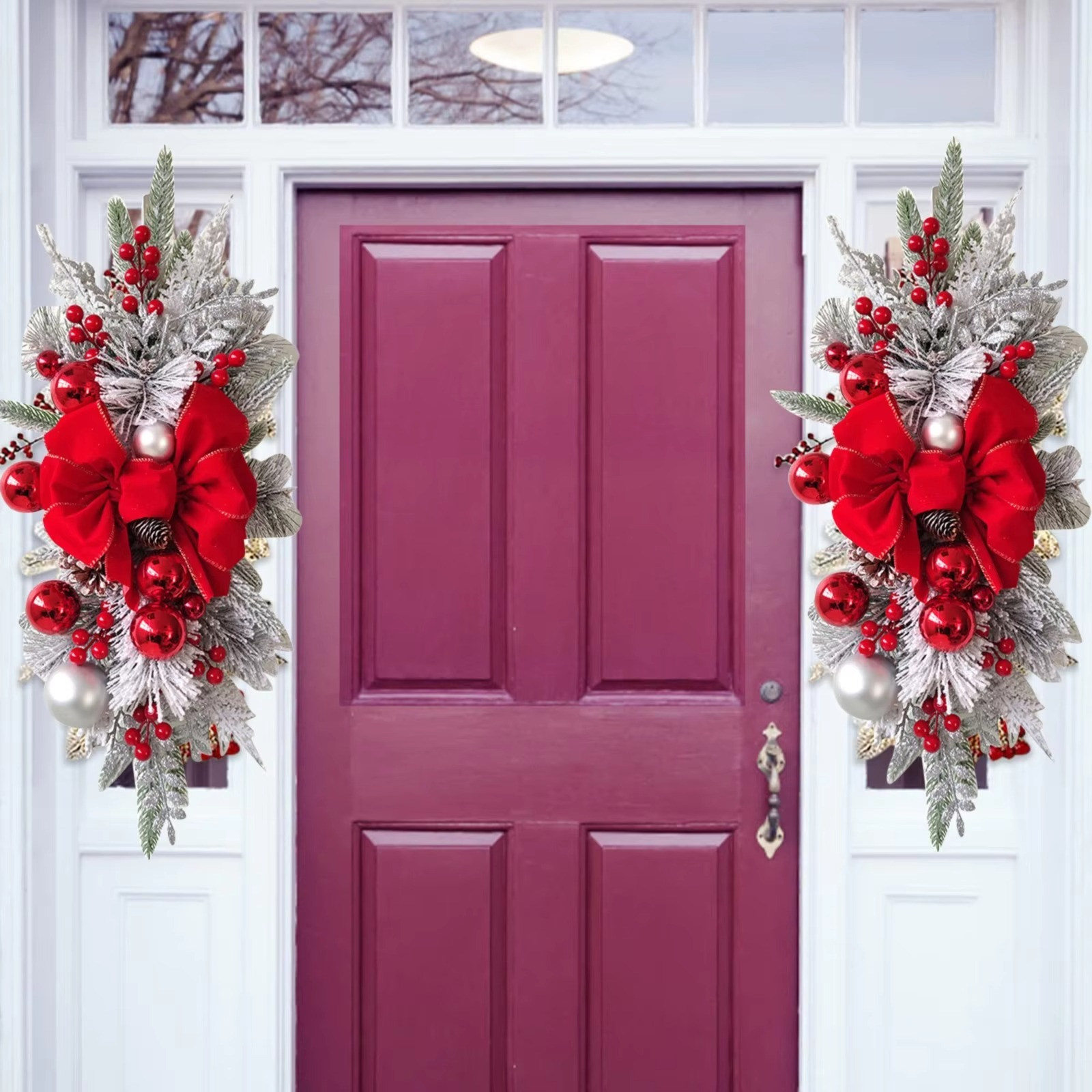 Christmas Wreath Pendants Stairway Hanging Stairs Garland Xmas Decor Window Front Door Wall Wreath for Navida Pine/Bow Pendant