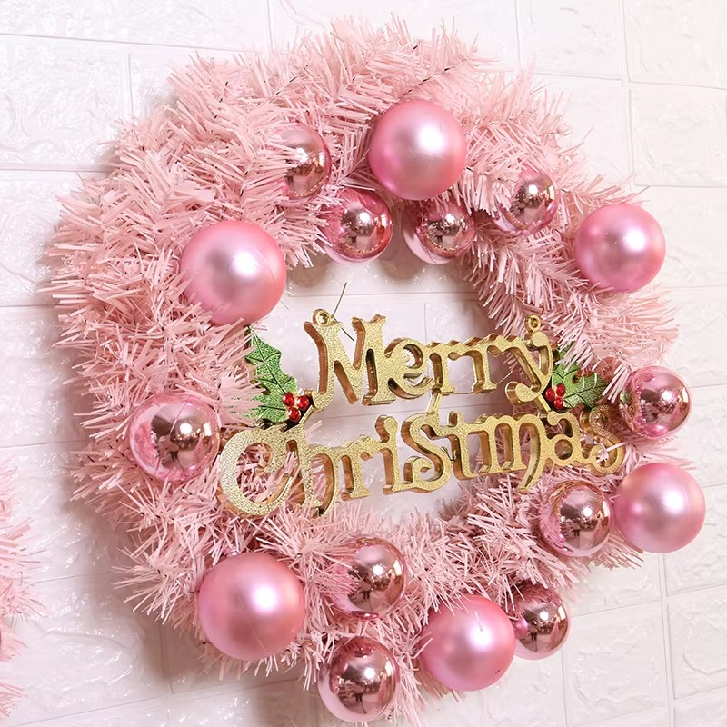 Christmas Day Decoration Pink Christmas Wreath 30cm Vine Wreath Door Hanging PVC Material