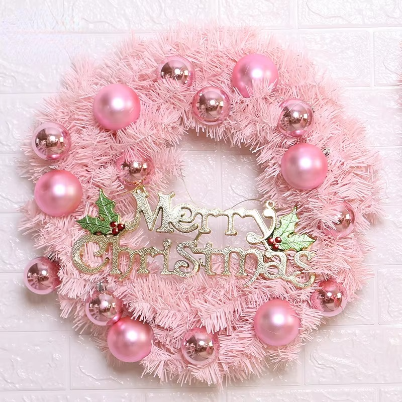 Christmas Day Decoration Pink Christmas Wreath 30cm Vine Wreath Door Hanging PVC Material
