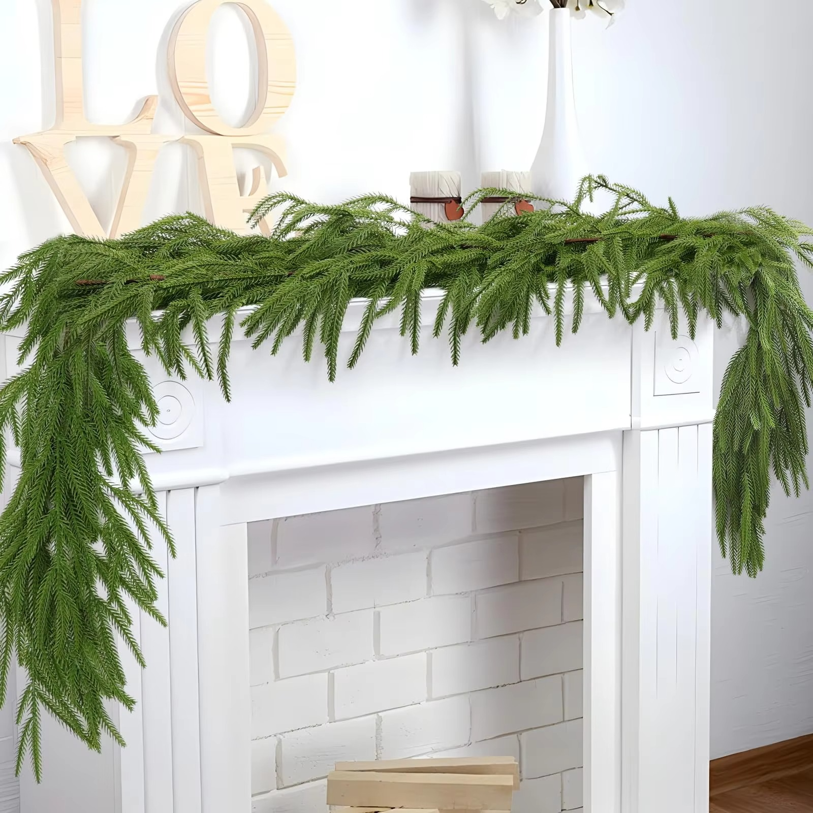 Artificial Norfolk Pine Garlands, Real Touch Winter Pine Garland, Green Artificial Greenery Garland for Christmas Decorations
