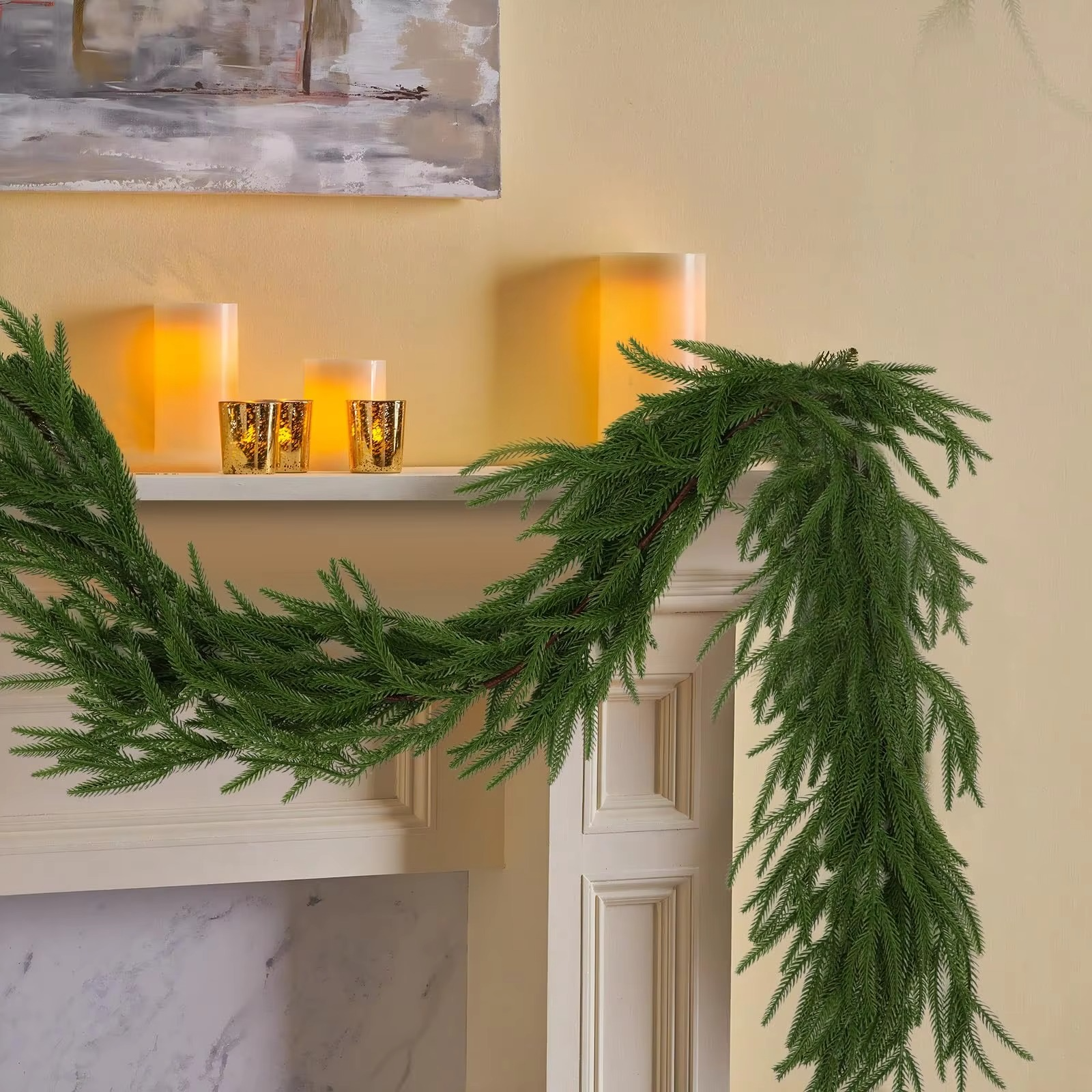 Artificial Norfolk Pine Garlands, Real Touch Winter Pine Garland, Green Artificial Greenery Garland for Christmas Decorations