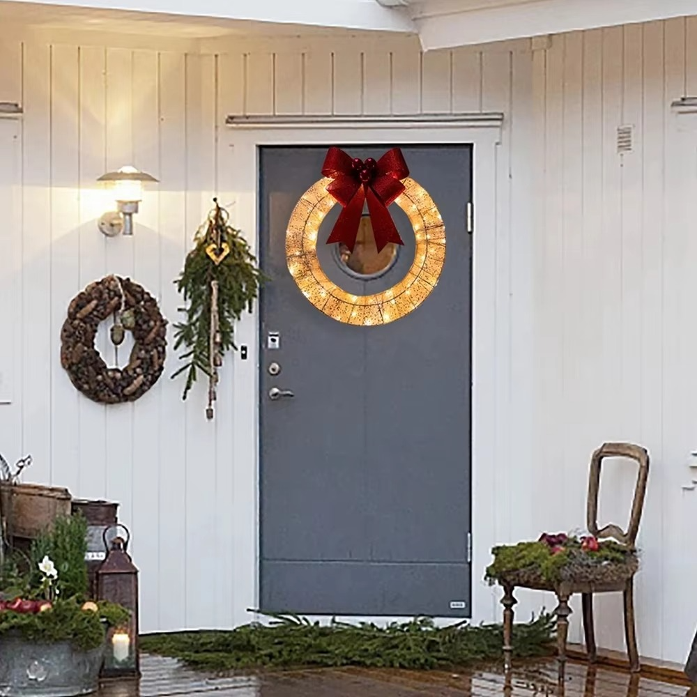 Metal Christmas Wreath Artificial Door Wreath Clear LED Lights Large Christmas Wreath with Warm Lights Christmas Wreath