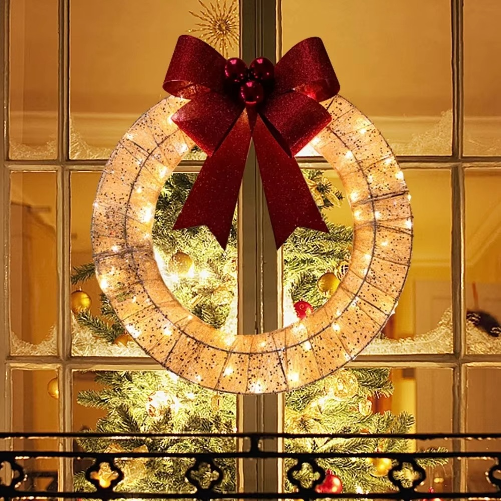 Metal Christmas Wreath Artificial Door Wreath Clear LED Lights Large Christmas Wreath with Warm Lights Christmas Wreath