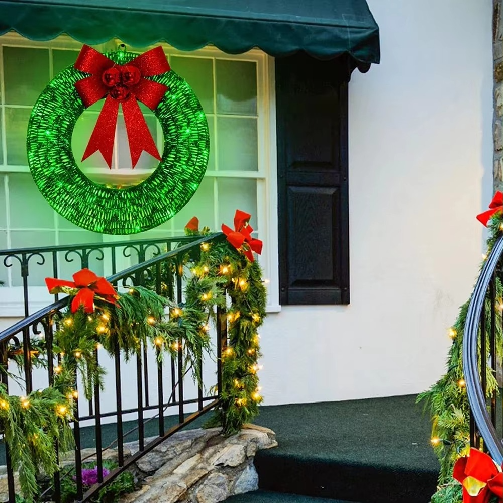 Metal Christmas Wreath Artificial Door Wreath Clear LED Lights Large Christmas Wreath with Warm Lights Christmas Wreath