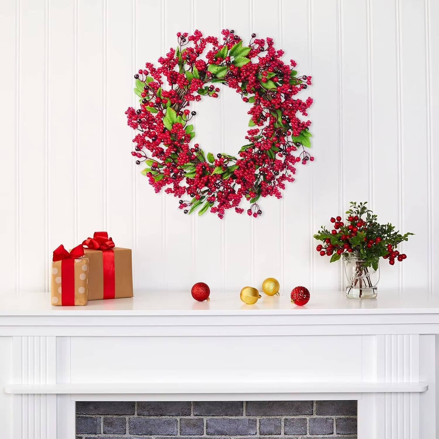 Yannew Christmas Red Berry Wreath for Front Door Outside Xmas Handmade Artificial Holly Berries Wreath Winter Home Wall Decor