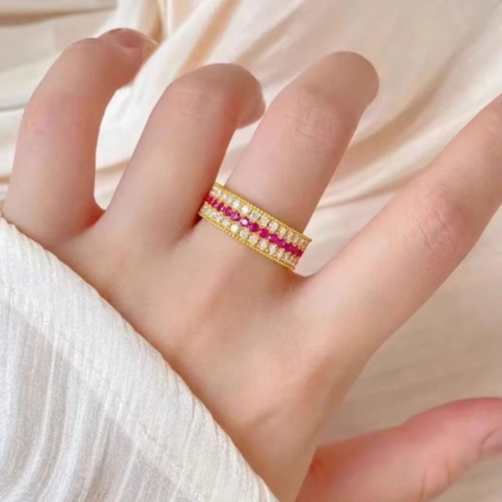 9999 24K real gold New rose rose rose slightly studded with diamonds, a niche design index ring for women