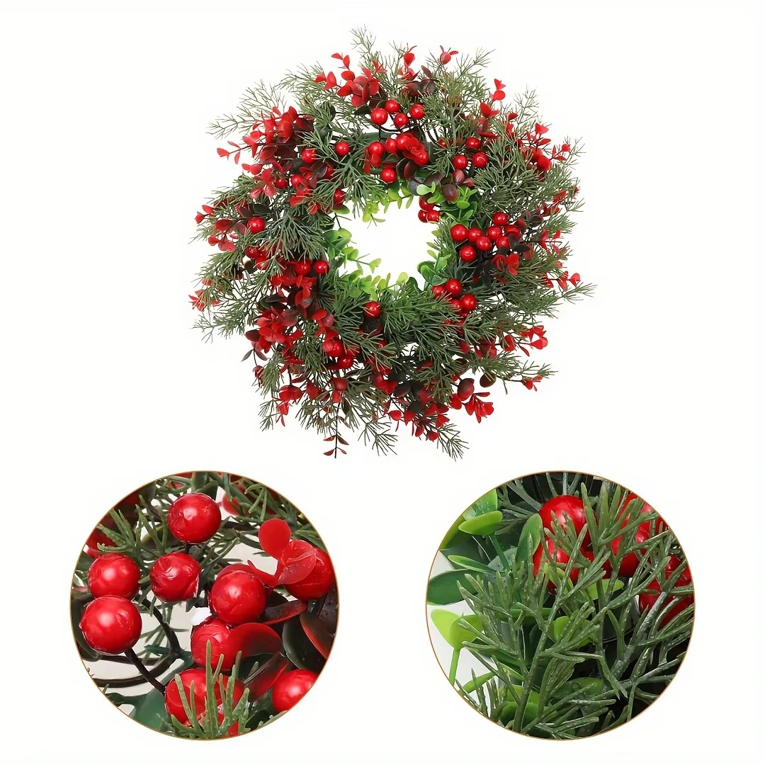 18 Inch Artificial Christmas Wreath Green Pine Leaf Wreath With Big Red Berries For Christmas Front Door Hanging Pendant Decor