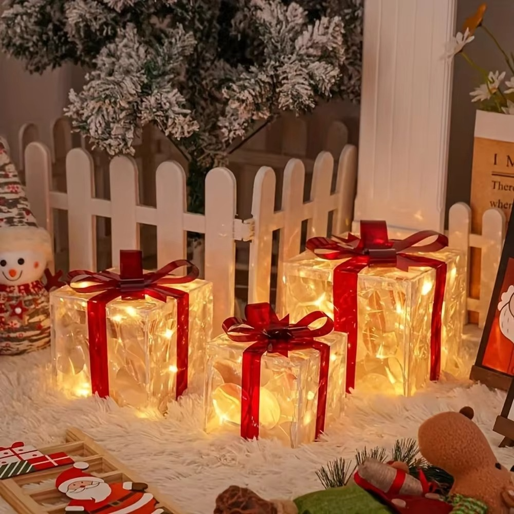 3pcs Lighted Gift Boxes Decorations, Decorative Boxes, Christmas Tree Skirt Ornament For Holiday, Party, Christmas