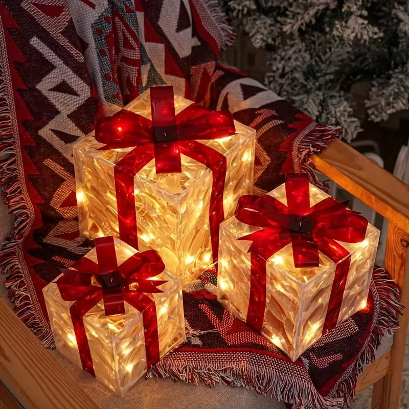 3pcs Lighted Gift Boxes Decorations, Decorative Boxes, Christmas Tree Skirt Ornament For Holiday, Party, Christmas