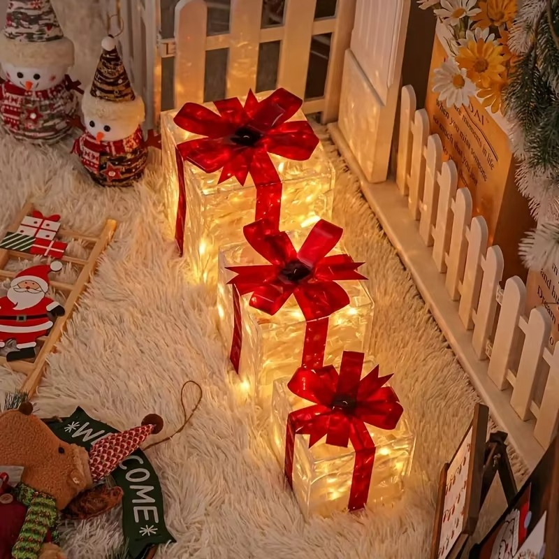 3pcs Lighted Gift Boxes Decorations, Decorative Boxes, Christmas Tree Skirt Ornament For Holiday, Party, Christmas