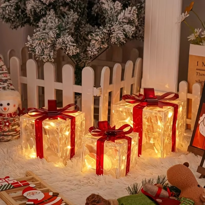 3pcs Lighted Gift Boxes Decorations, Decorative Boxes, Christmas Tree Skirt Ornament For Holiday, Party, Christmas