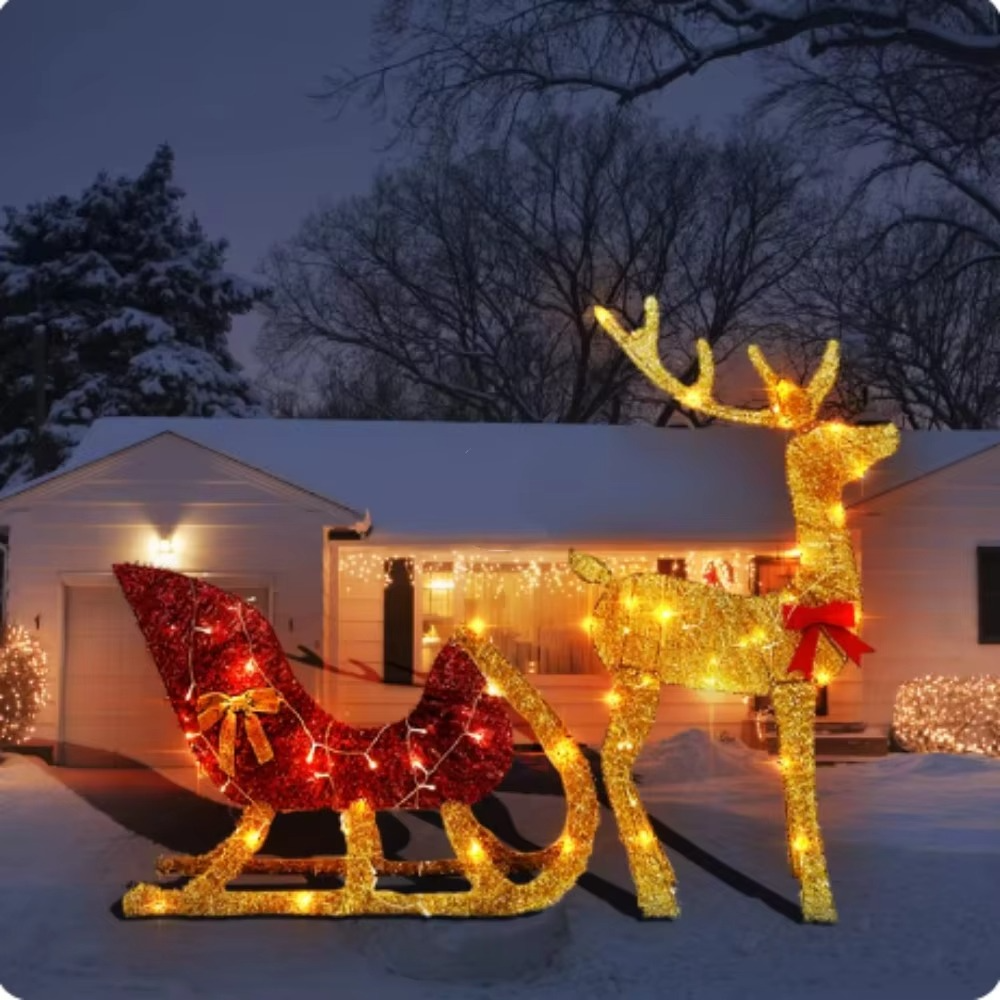 Christmas Reindeer and Sleigh Decoration With LED Light Glowing Glitter Reindeer Xmas Home Outdoor Yard Ornament Happy New Year
